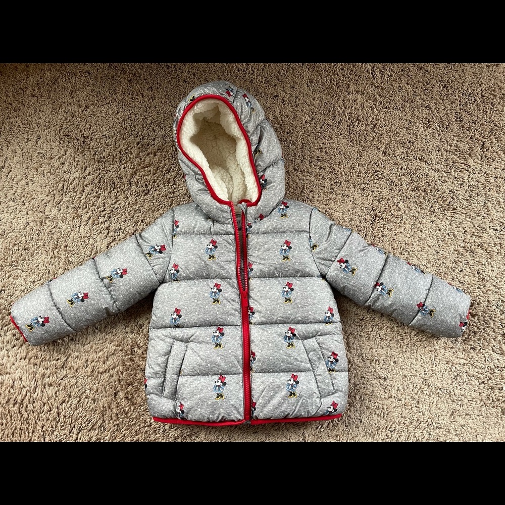 GAP Gray Puffer Jacket with Red Trim and Mickey Print